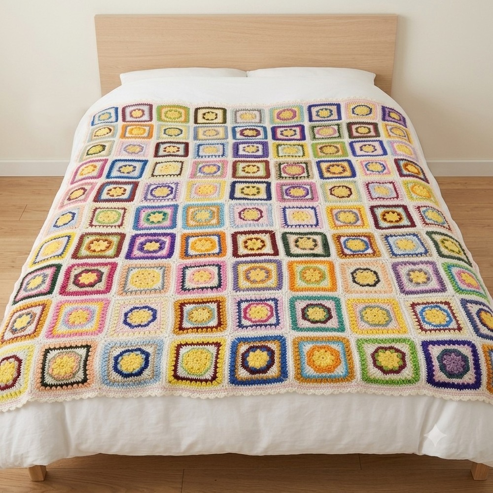 Vibrant Handmade Crochet Granny Square Afghan Blanket MultiColor Floral Sunburst